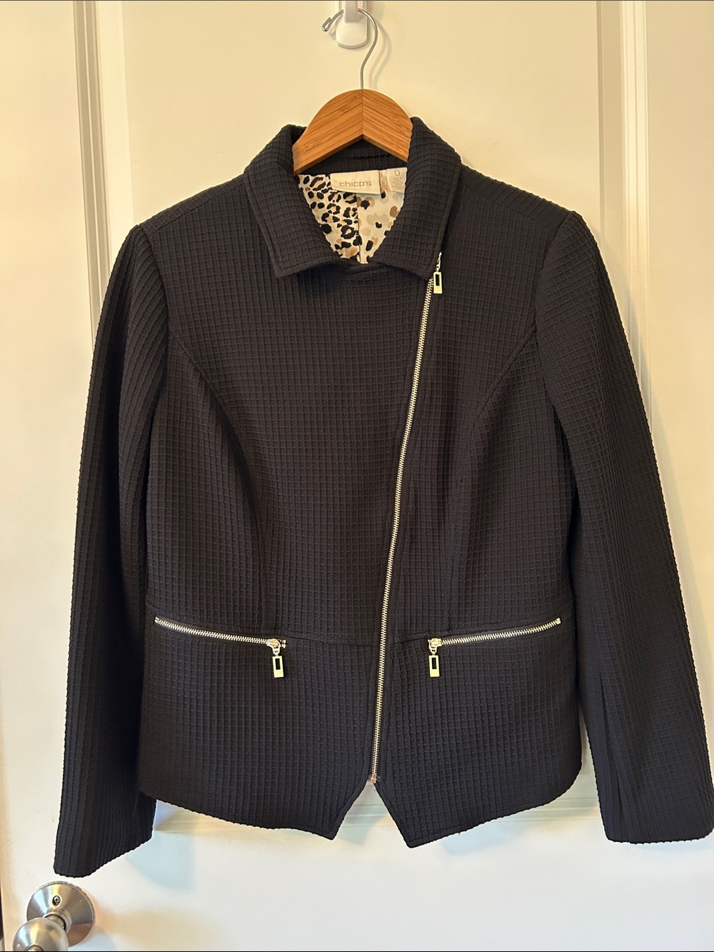 Chico's Black Asymmetric Zip Waffle-Textured Moto ‘Mob Wife’ Jacket